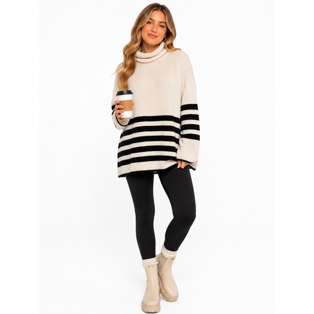 COS Womens Oversized Striped Turtleneck Sweater Wool Cotton Cream Black Small